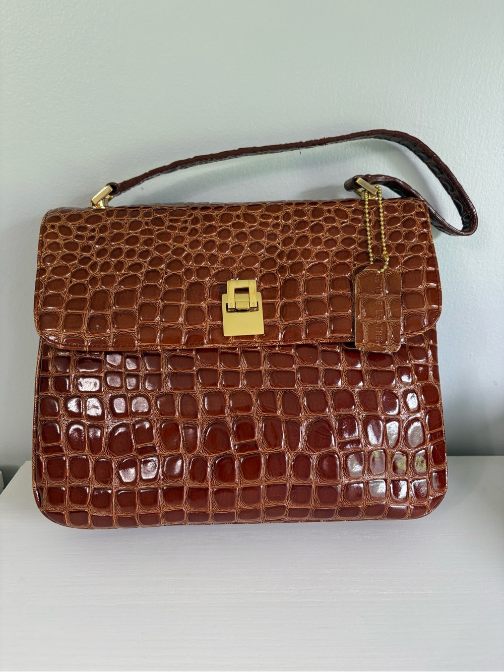 VNTG Lord & Taylor Croc Embossed Leather Shoulder Bag Retro Brown Corporate - Picture 2 of 16